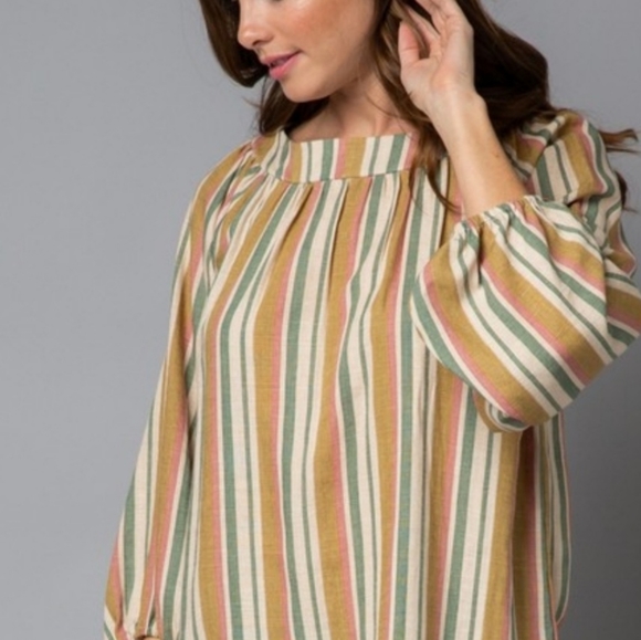 Striped Linen Cottoncore Half Puff Sleeve Blouse Top Rayon Linen Blend - Picture 5 of 8